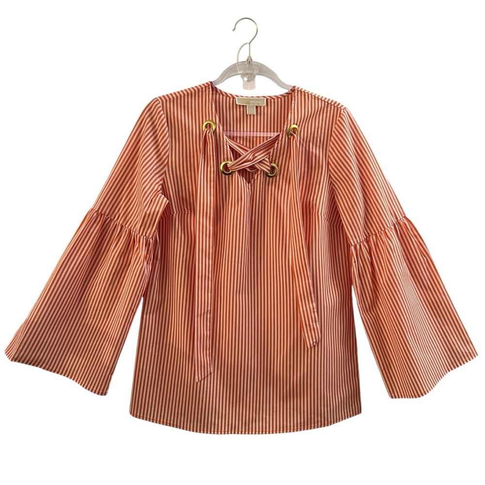 MICHAEL KORS TOP, Women’s Sz S, Orange & White Striped Bell Sleeve Tunic w/ Tie.